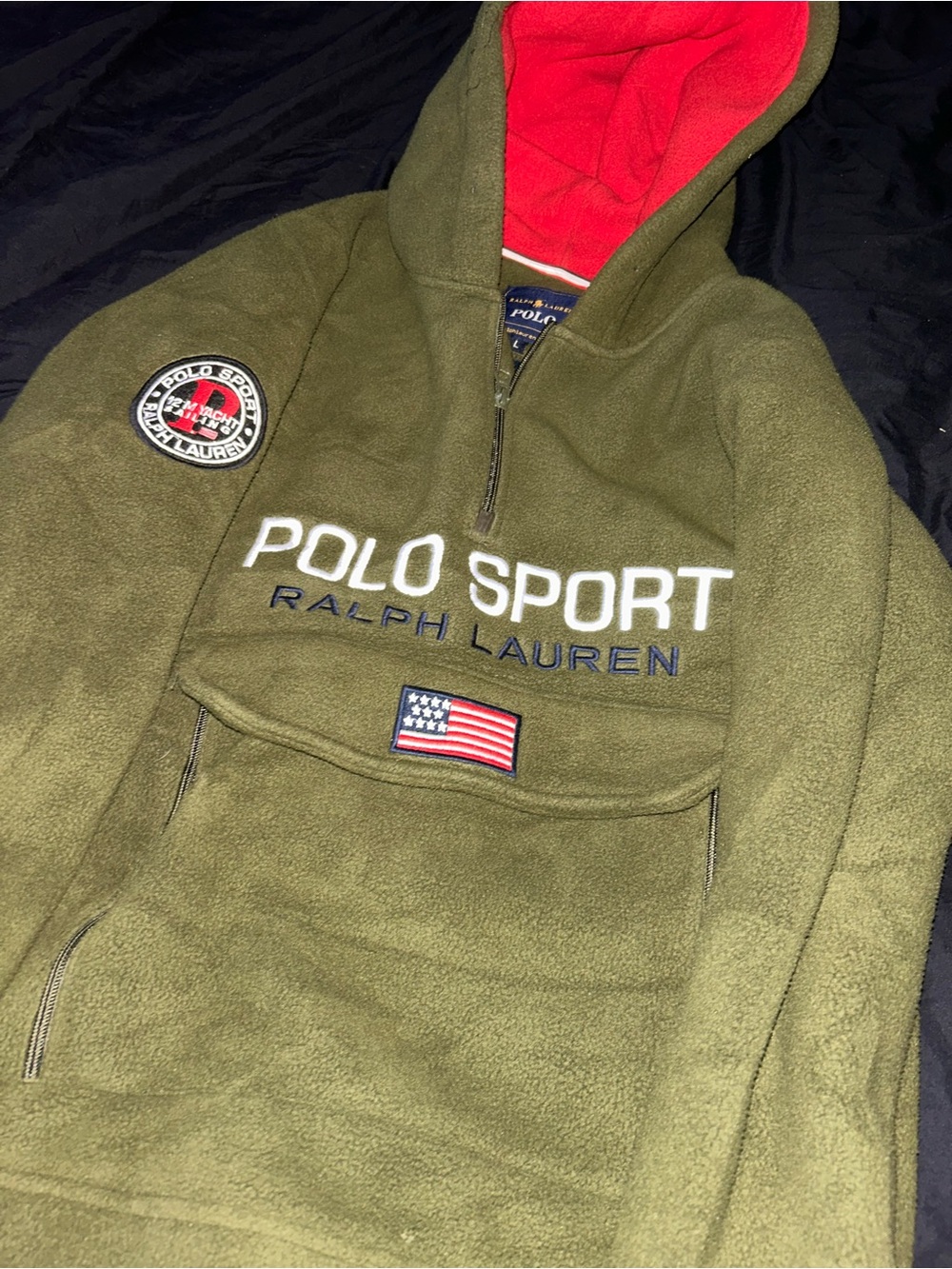 Polo by Ralph Lauren Olive Green Fleece Hoodie with Red Lining
